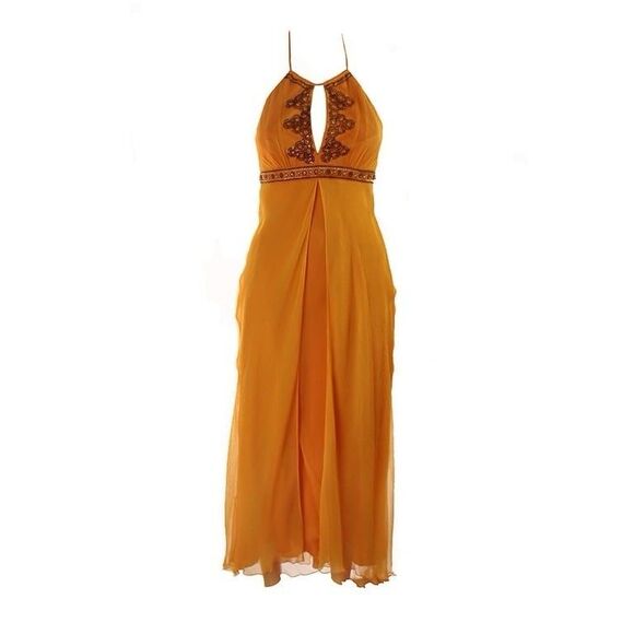 Laundry By Shelli Segal Silk Beaded Chiffon Boho Halter Dress, Orange- 10 - Picture 1 of 11